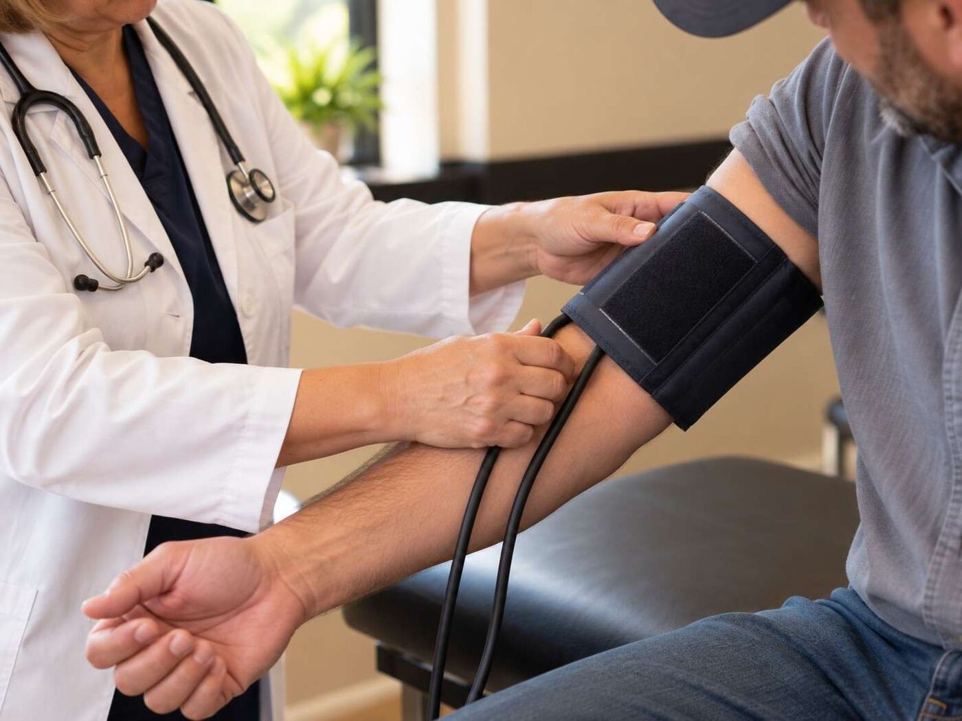 Blood-pressure cuff being fitted on a driver during a DOT physical