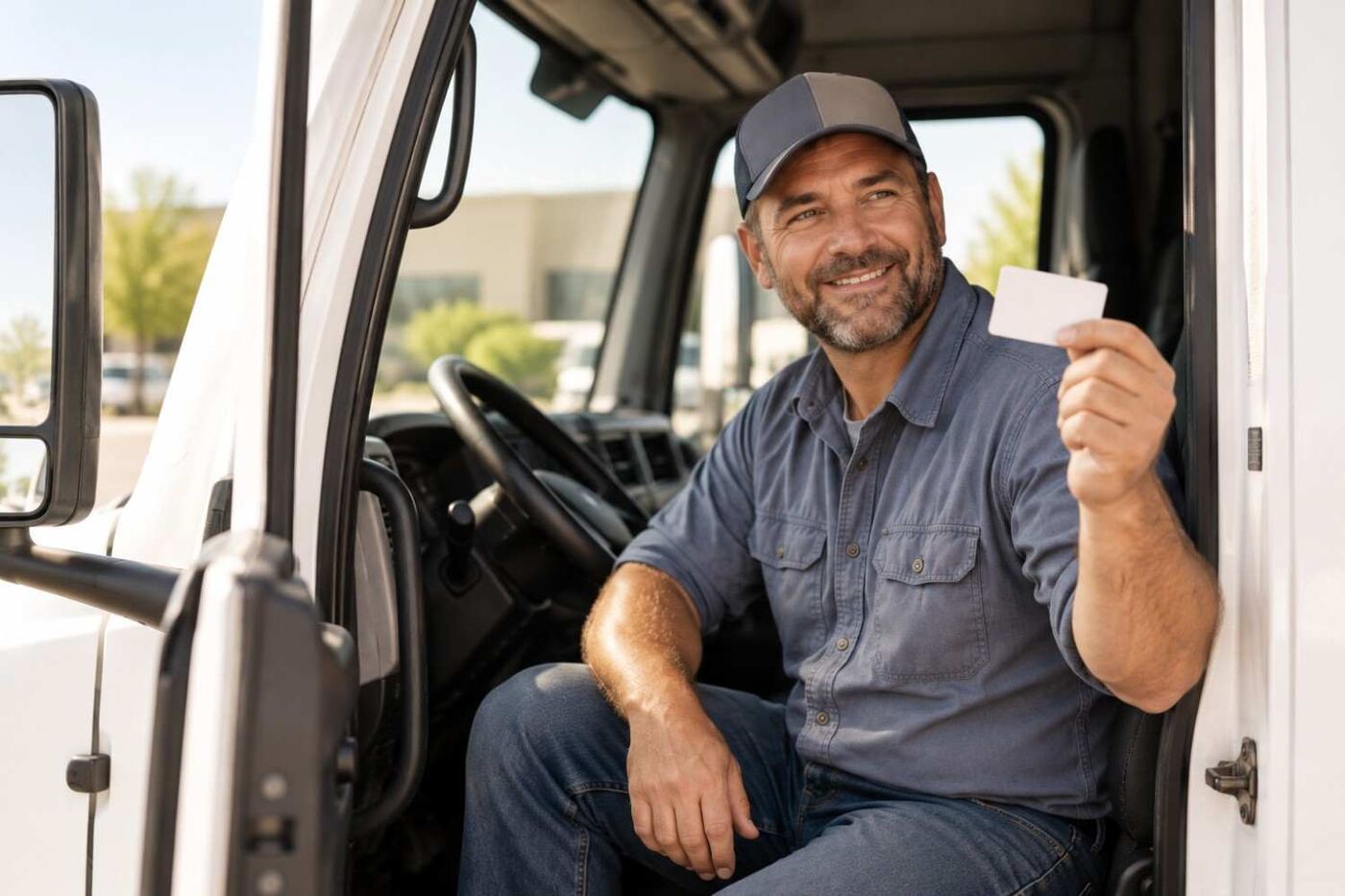 Driver back in his cab holding his new DOT medical card