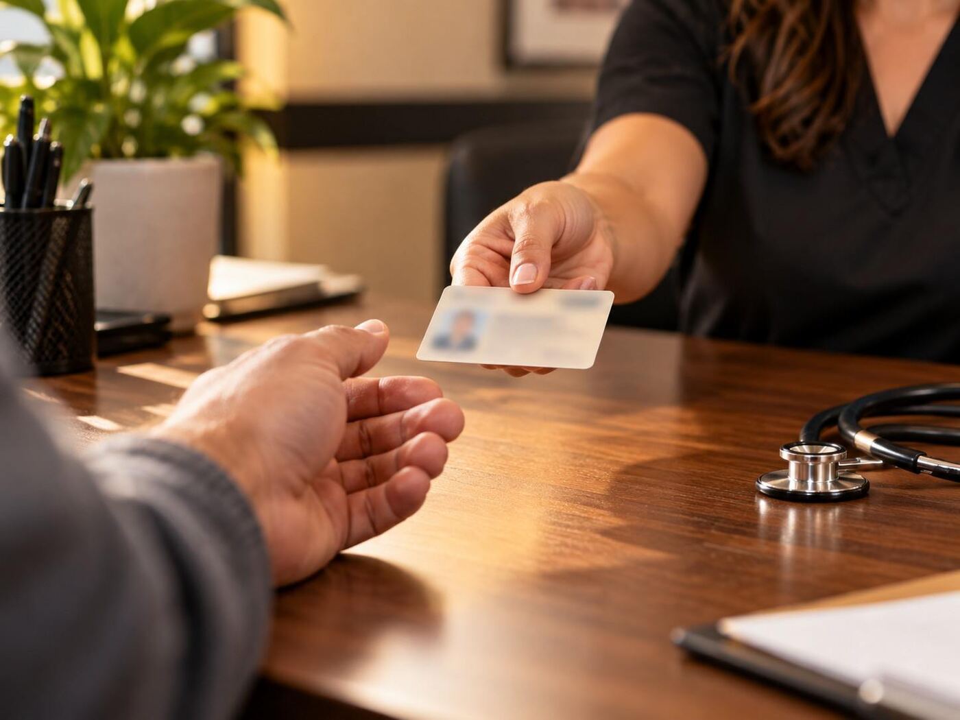 A DOT medical card being handed across the desk